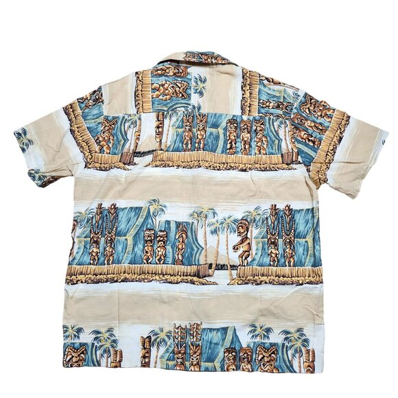 Kalaheo RJC Hawaiian Aloha Shirt Tiki Gods Button Up Large Tan Beige - Picture 2 of 6